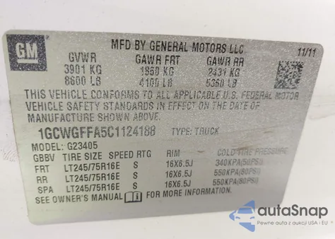 2012 Chevrolet Express 2500 Work Van z USA, uszkodzony, nr VIN 1GCWGFFA5C1124188